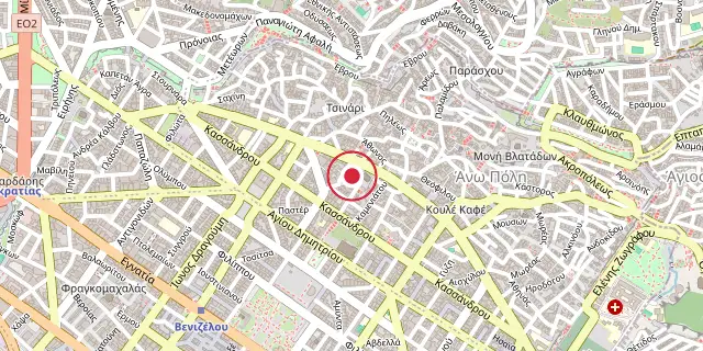Street map of the area around Church of Prophet Elijah, Thessaloniki; the red dot marks 40°38′28″N 22°56′53″E
