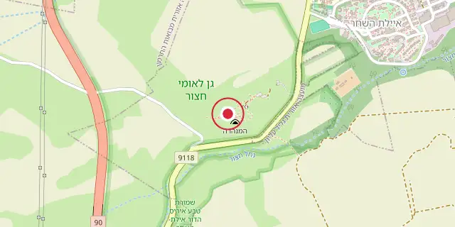 Street map of the area around Tel Hazor; the red dot marks 33°01′01″N 35°34′01″E