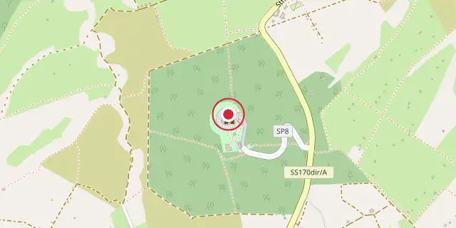 Street map of the area around Castel del Monte, Apulia; the red dot marks 41°05′06″N 16°16′16″E