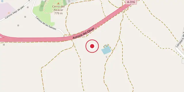 Street map of the area around Baeza, Spain; the red dot marks 37°58′59″N 3°28′01″W
