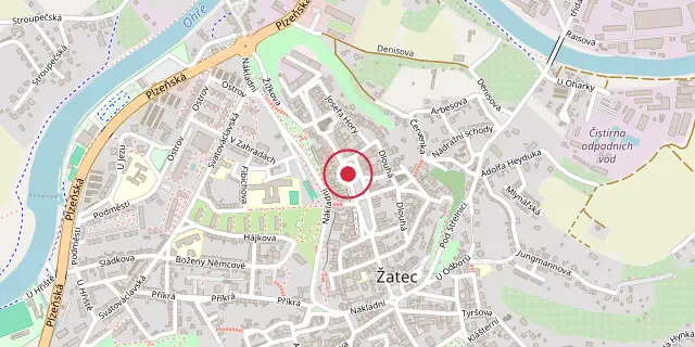 Street map of the area around Žatec; the red dot marks 50°19′48″N 13°32′38″E
