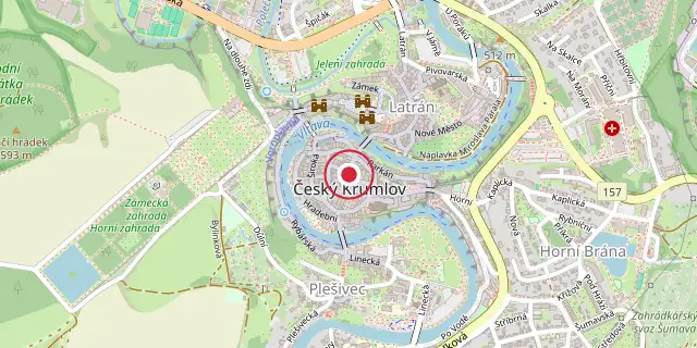 Street map of the area around Český Krumlov; the red dot marks 48°48′40″N 14°18′54″E