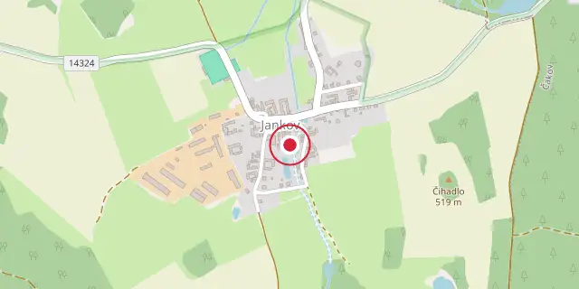 Street map of the area around Jankov (České Budějovice District); the red dot marks 48°57′58″N 14°17′53″E