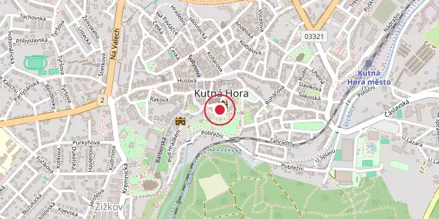 Street map of the area around Kutná Hora; the red dot marks 49°56′53″N 15°16′05″E