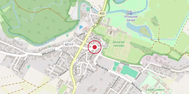 Street map of the area around Lednice; the red dot marks 48°48′00″N 16°48′11″E