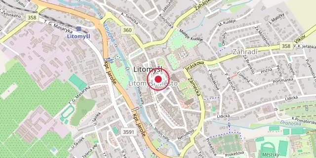 Street map of the area around Litomyšl; the red dot marks 49°52′19″N 16°18′40″E
