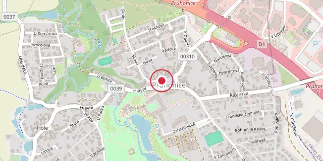 Street map of the area around Průhonice; the red dot marks 50°00′07″N 14°33′36″E