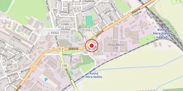 Street map of the area around Sedlec Abbey; the red dot marks 49°57′36″N 15°17′24″E