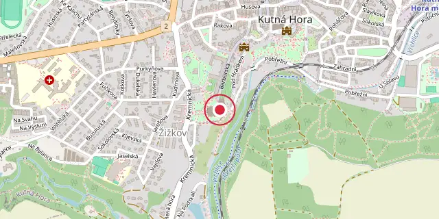 Street map of the area around St. Barbara's Church, Kutná Hora; the red dot marks 49°56′42″N 15°15′50″E