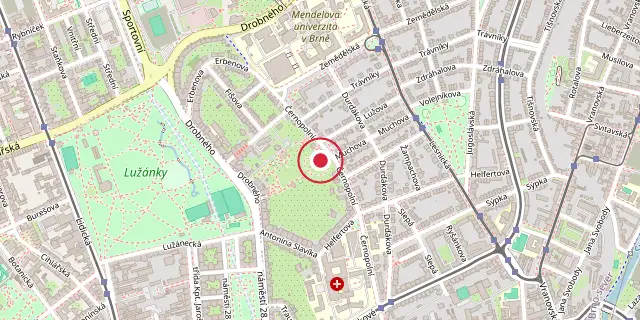 Street map of the area around Villa Tugendhat; the red dot marks 49°12′25″N 16°36′58″E