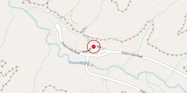 Street map of the area around Chaco Culture National Historical Park; the red dot marks 36°03′36″N 107°57′36″W