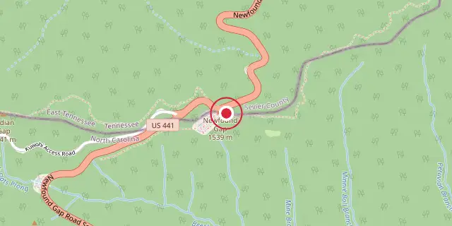 Street map of the area around Great Smoky Mountains National Park; the red dot marks 35°36′40″N 83°25′30″W