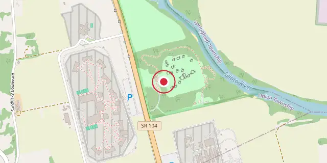 Street map of the area around Hopewell Culture National Historical Park; the red dot marks 39°22′34″N 83°00′22″W