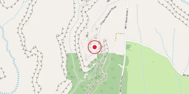Street map of the area around Mesa Verde National Park; the red dot marks 37°11′02″N 108°29′20″W