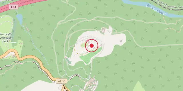 Street map of the area around Monticello; the red dot marks 38°00′36″N 78°27′07″W