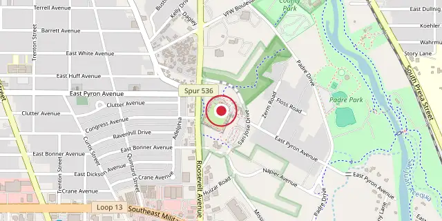 Street map of the area around San Antonio Missions National Historical Park; the red dot marks 29°21′43″N 98°28′48″W