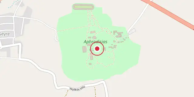 Street map of the area around Aphrodisias; the red dot marks 37°42′29″N 28°43′26″E