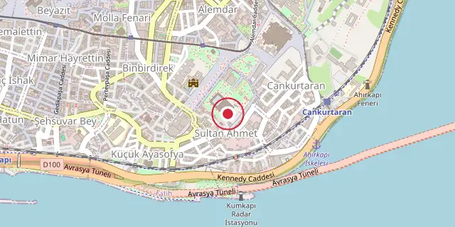 Street map of the area around Blue Mosque, Istanbul; the red dot marks 41°00′18″N 28°58′37″E