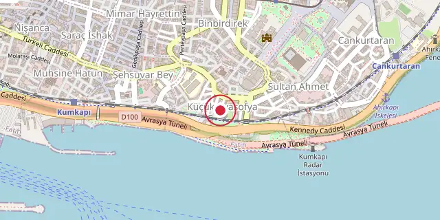 Street map of the area around Little Hagia Sophia; the red dot marks 41°00′11″N 28°58′19″E