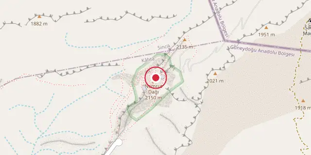 Street map of the area around Mount Nemrut; the red dot marks 37°58′52″N 38°44′28″E