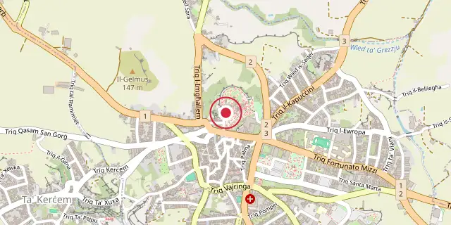 Street map of the area around Cittadella (Gozo); the red dot marks 36°02′46″N 14°14′20″E