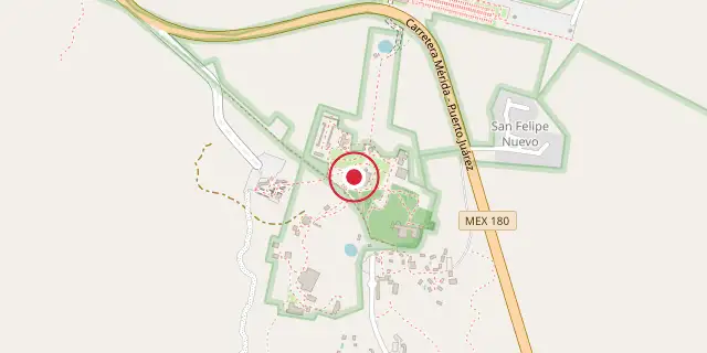 Street map of the area around Chichen Itza; the red dot marks 20°40′59″N 88°34′08″W