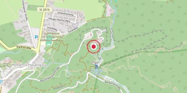 Street map of the area around Neuschwanstein Castle; the red dot marks 47°33′25″N 10°44′56″E