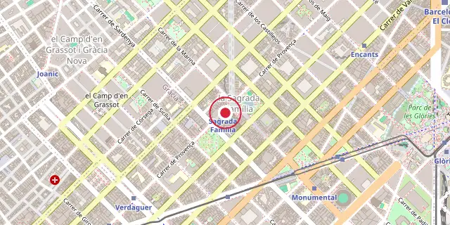 Street map of the area around The Sagrada Familia; the red dot marks 41°24′14″N 2°10′26″E