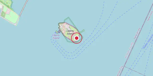 Street map of the area around The Statue of Liberty; the red dot marks 40°41′20″N 74°02′38″W