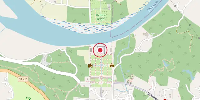 Street map of the area around The Taj Mahal; the red dot marks 27°10′30″N 78°02′31″E